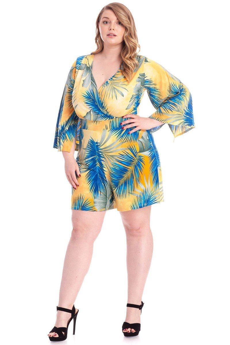 Tropical Leaf Print Kimono Sleeve Romper