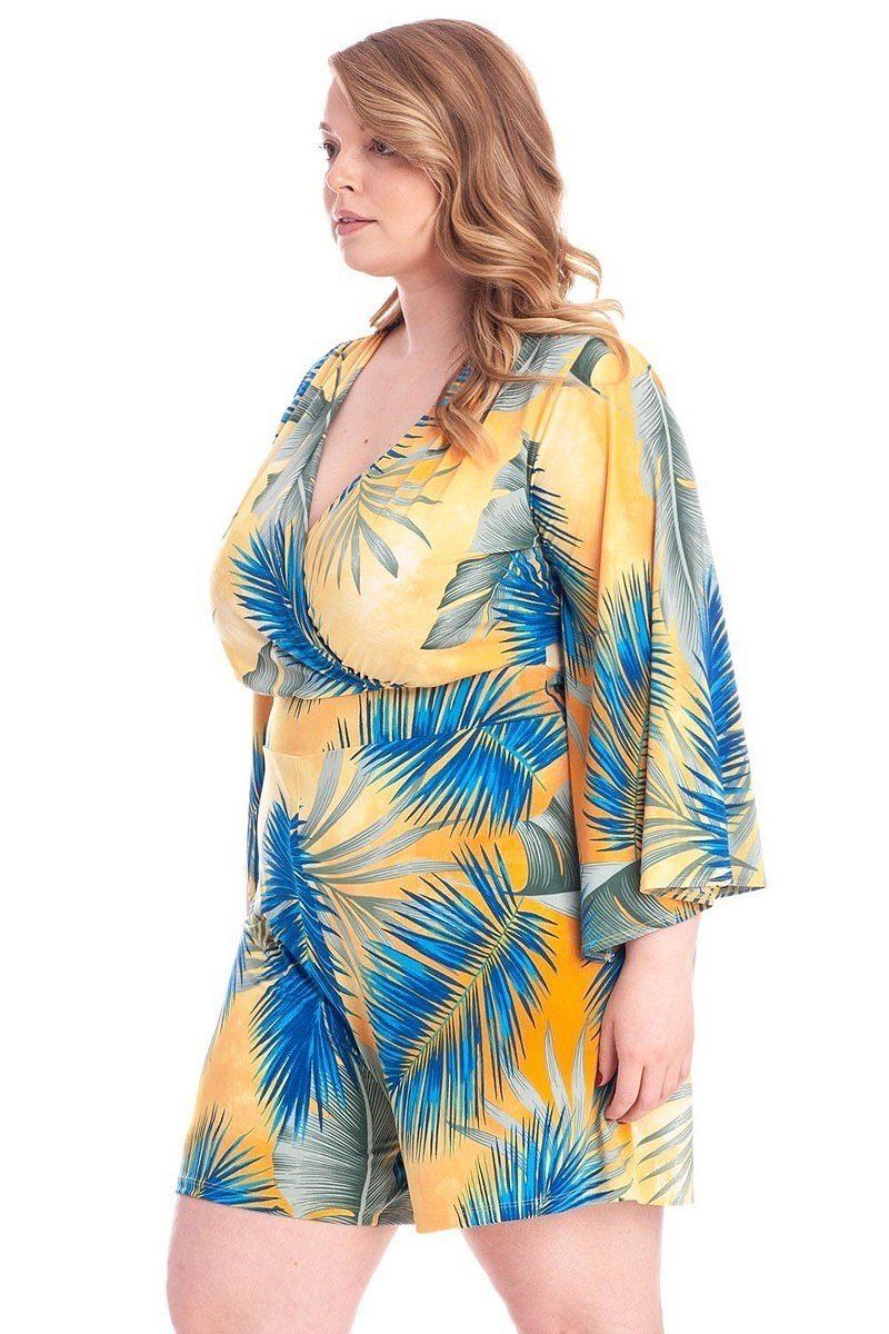 Tropical Leaf Print Kimono Sleeve Romper