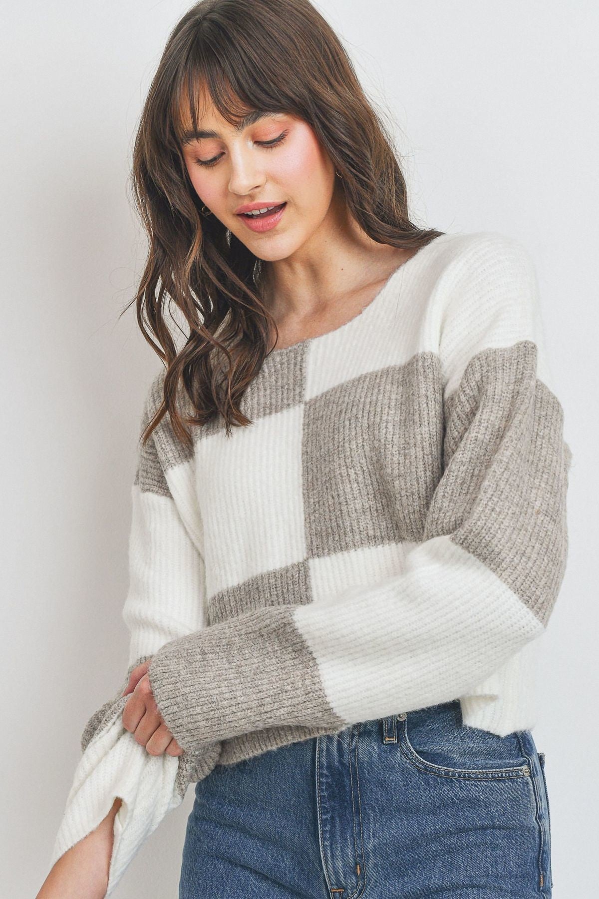 Round Neck Color Block Long Sleeve Sweater