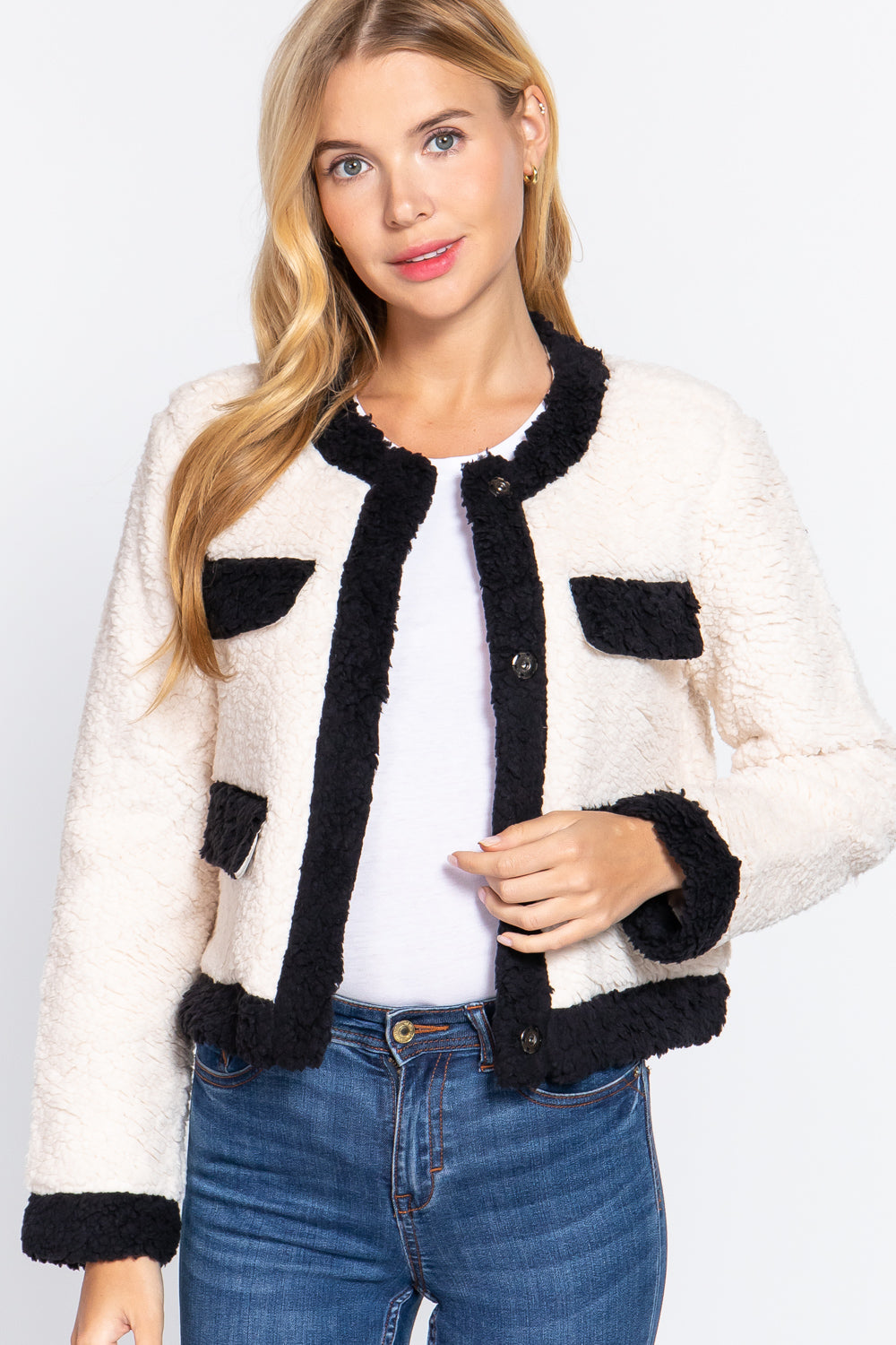 Long Sleeve Pocket Detail Faux Fur Jacket