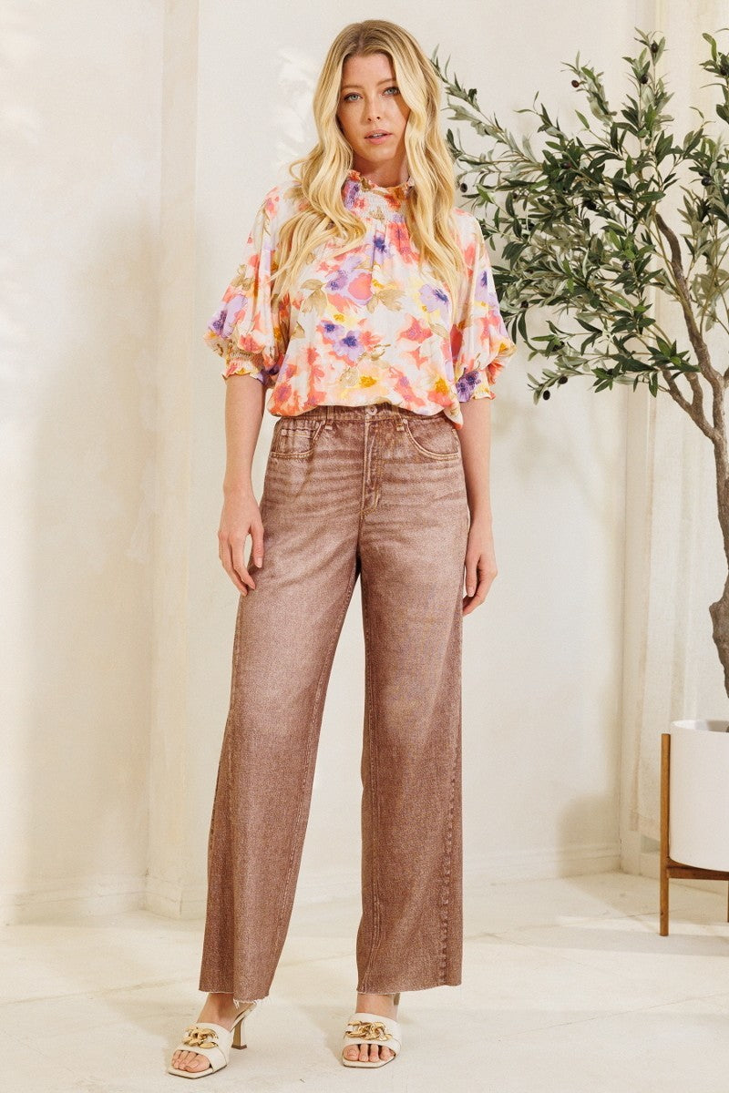 Waist Elastic High-rise, Straight Fake Denim Print Pants